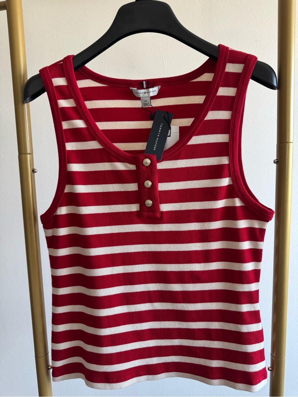 Tommy Hilfiger Red and White Striped Ribbed Button-Front Tank